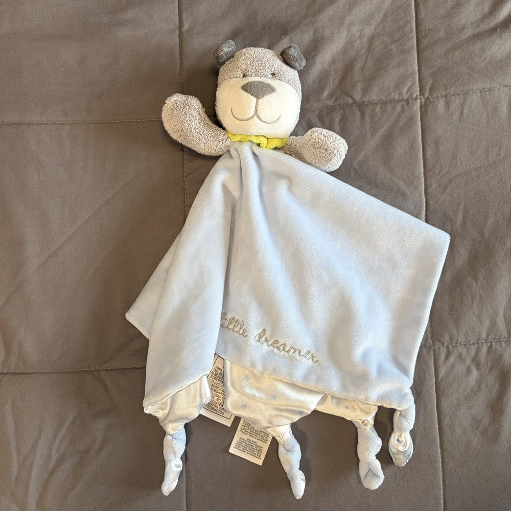 Carter's Gray Dog Rattle Lovey Security Blanket Blue Satin Fleece Little Dreamer